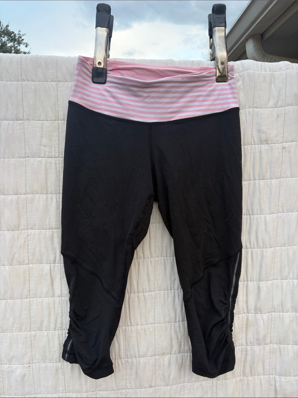 Lululemon Black Capri Leggings with Pink Striped Waistband